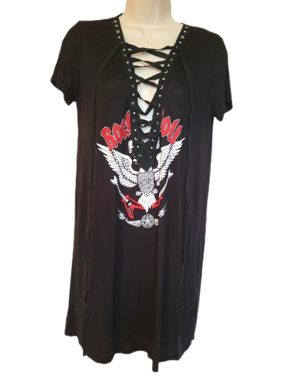 *NEW* FOREVER 21 Rock & Roll Black Lace Up Dress Size Small Eagle/Guitars